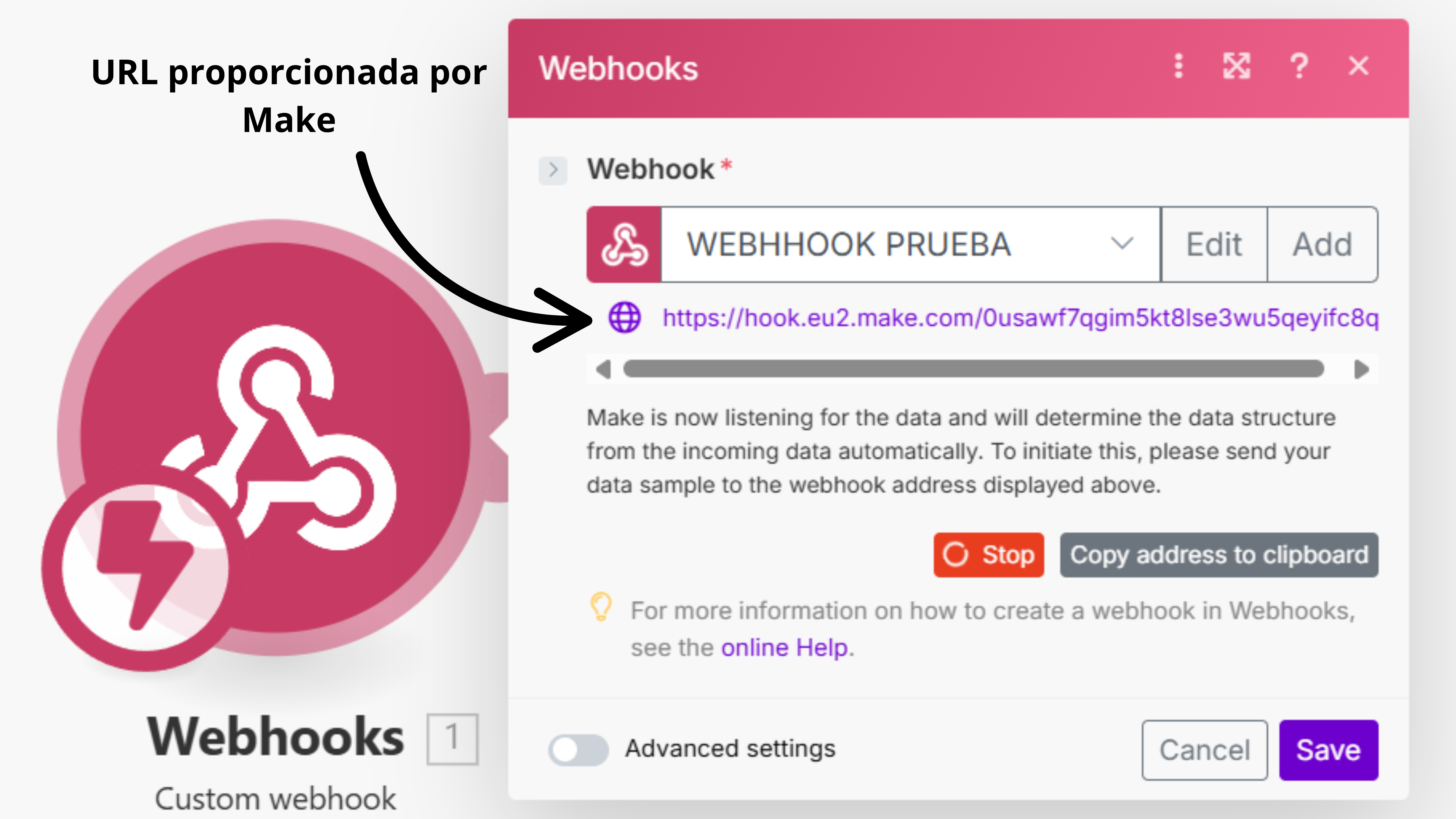 URL proporcionado por el Webhook de Make
